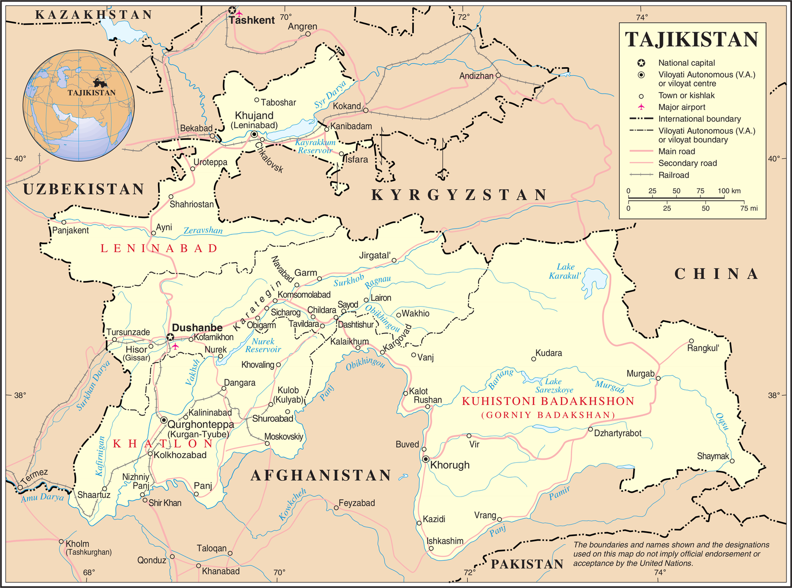 Map of Tajikistan showing cities, roads and the Pamirs region