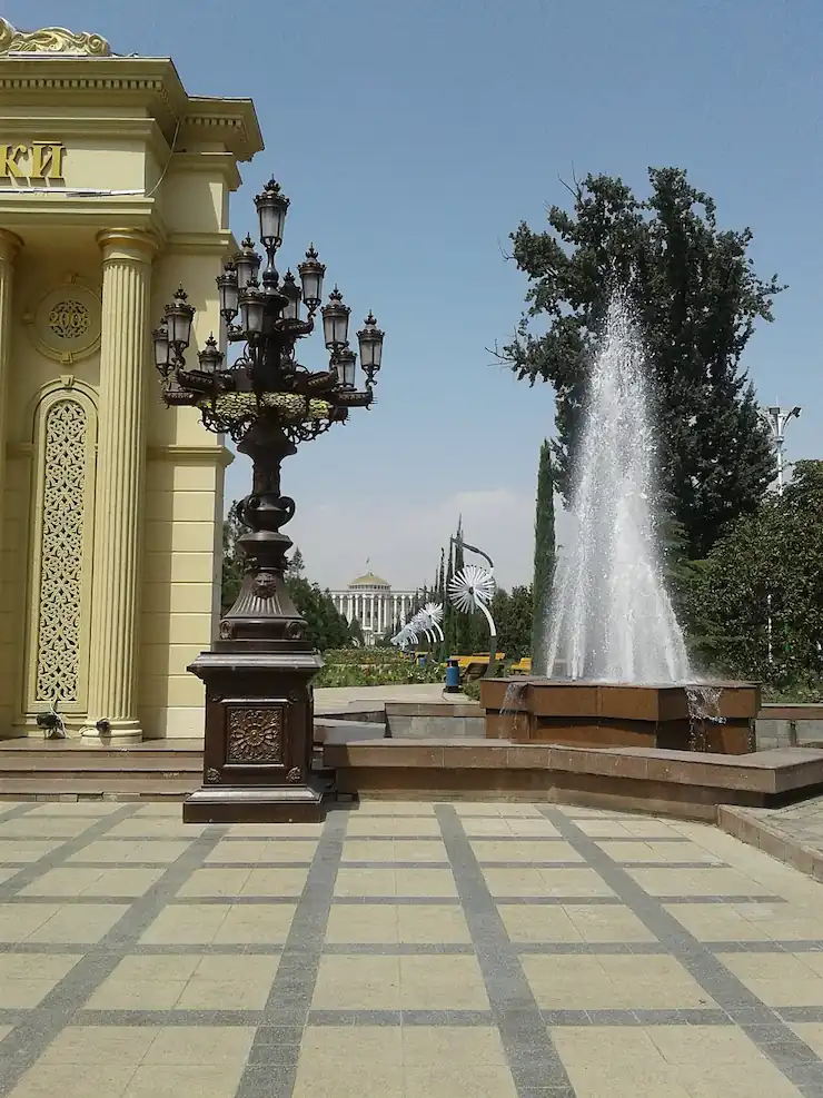 Rudaki Park fountain and architecture in Dushanbe, Tajikistan
